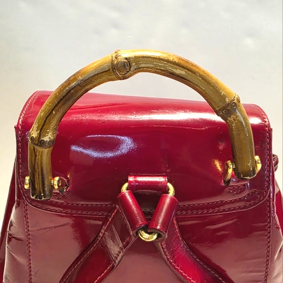 Gucci Bag Vintage Bamboo Handle Red Patent Leather Mini Rucksack Backpack Purse - Picture 13 of 16
